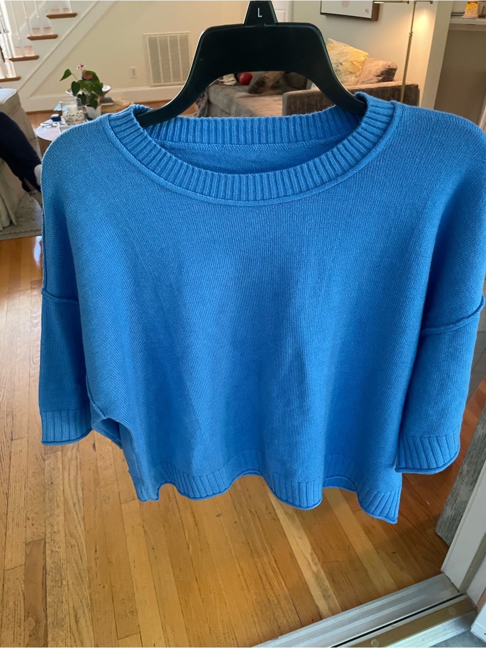 Blue Boxy Knit Sweater Cropped Drop Shoulder Crewneck Pullover Cozy S - Picture 4 of 4